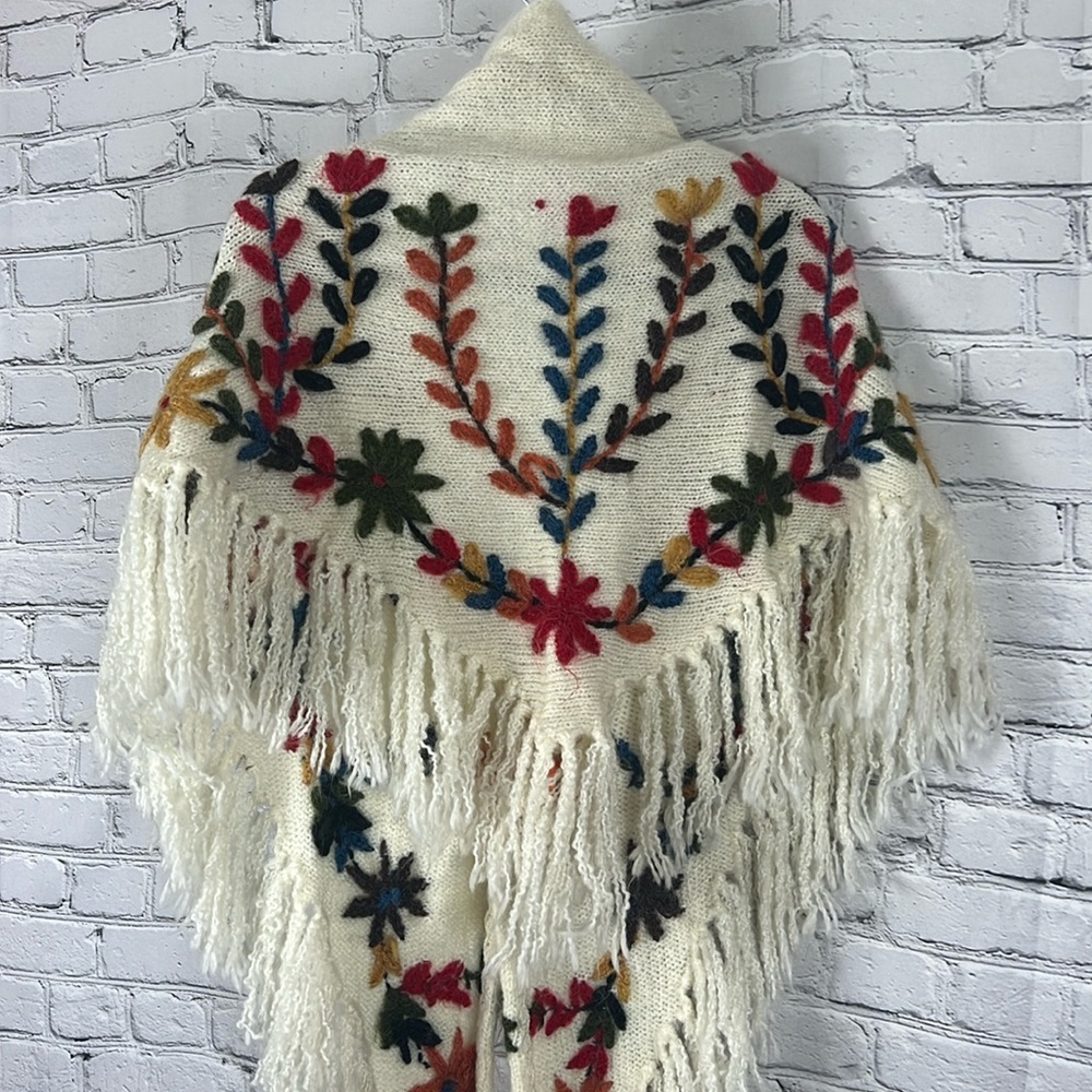 Hand Crafted Floral Embroidered Scarf - Cream, Red, Blue, Yellow - Picture 2 of 6